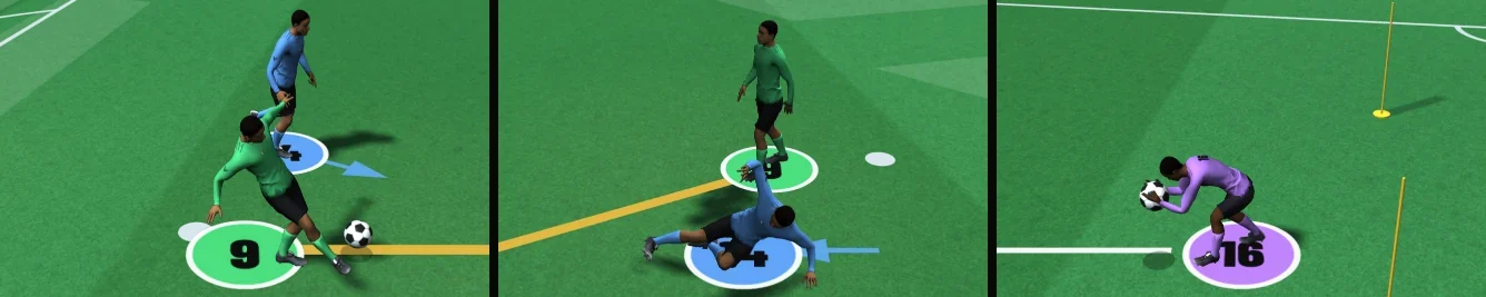 Three close-ups from Forge: a player places a shot, a defender slides in, the goalkeeper catches a low ball