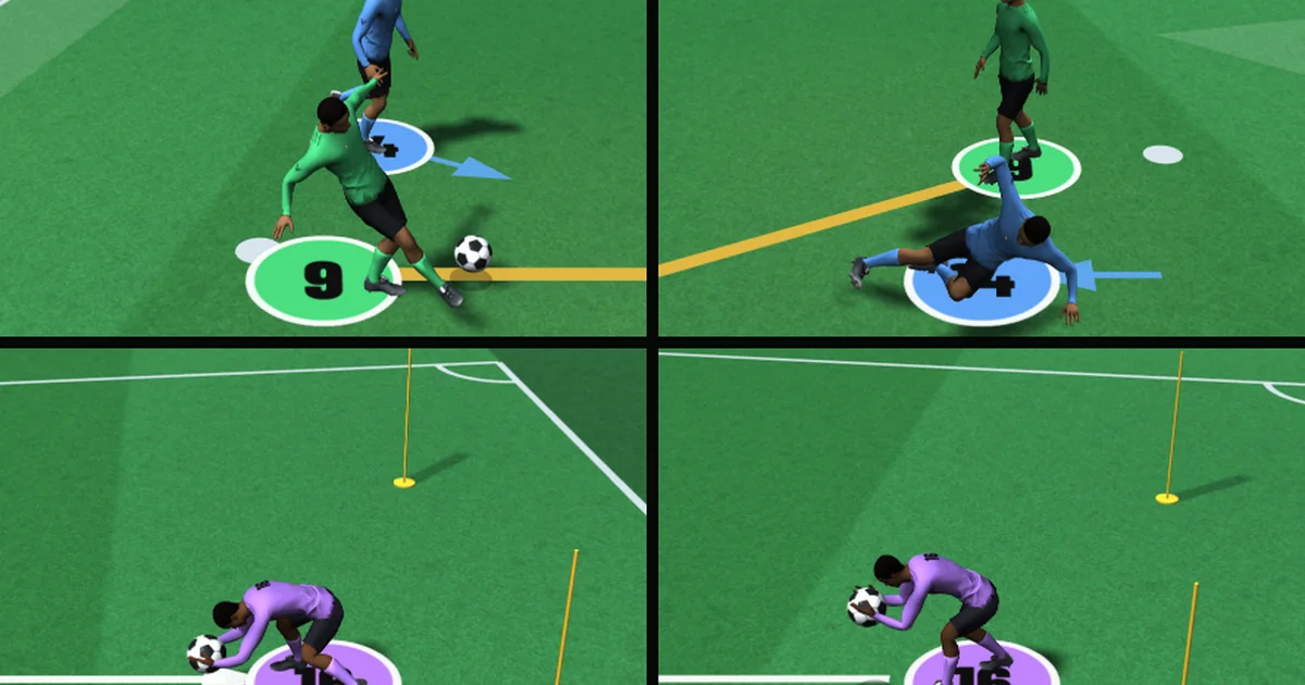 Four close-ups from Forge on a green pitch: a player places a shot, a defender slides in, and a goalkeeper in purple gathers a low ball.