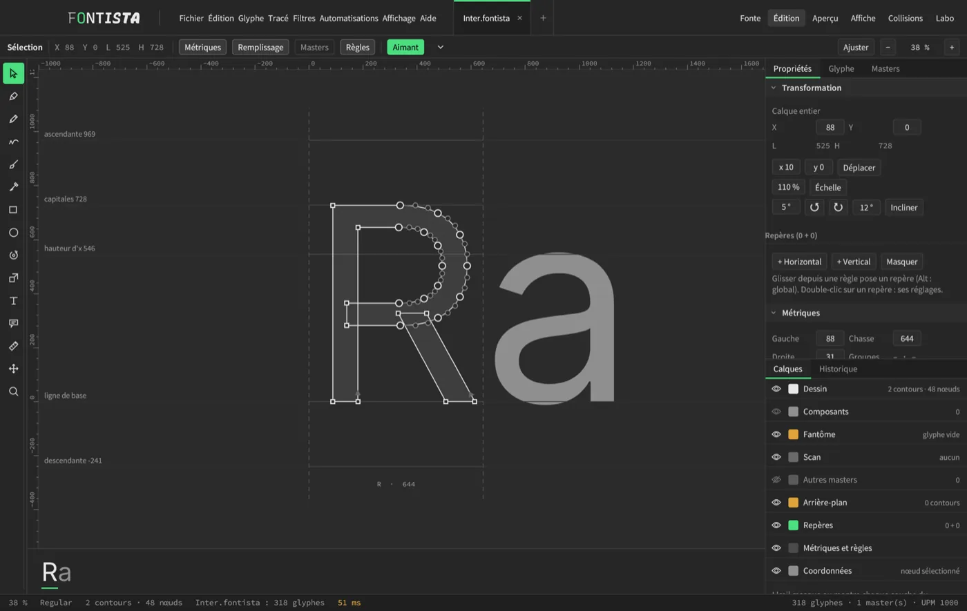 Fontista edit view: the letters R and a on the baseline, with on-curve nodes, handles and metrics