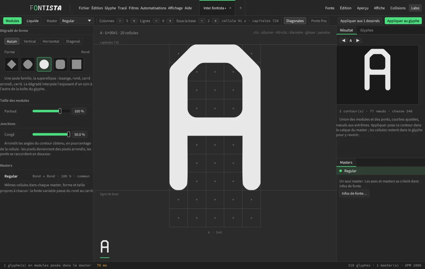 Fontista Modules lab: the letter A built from a grid of rounded cells