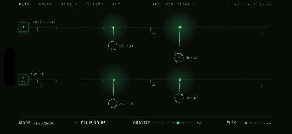 Gliss PLAY screen: two horizontal lines of light with scale ticks, the ring–link–point signature under the finger, GRAVITY and FLEX controls