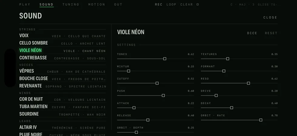 Gliss SOUND screen: the 24-sound bank by family with formant, push, filter and envelope sliders