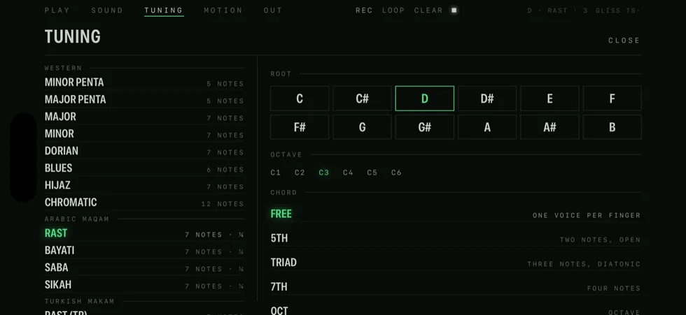 Gliss TUNING screen: 28 tunings from Western scales to Arabic maqam, Turkish makam and just intonation