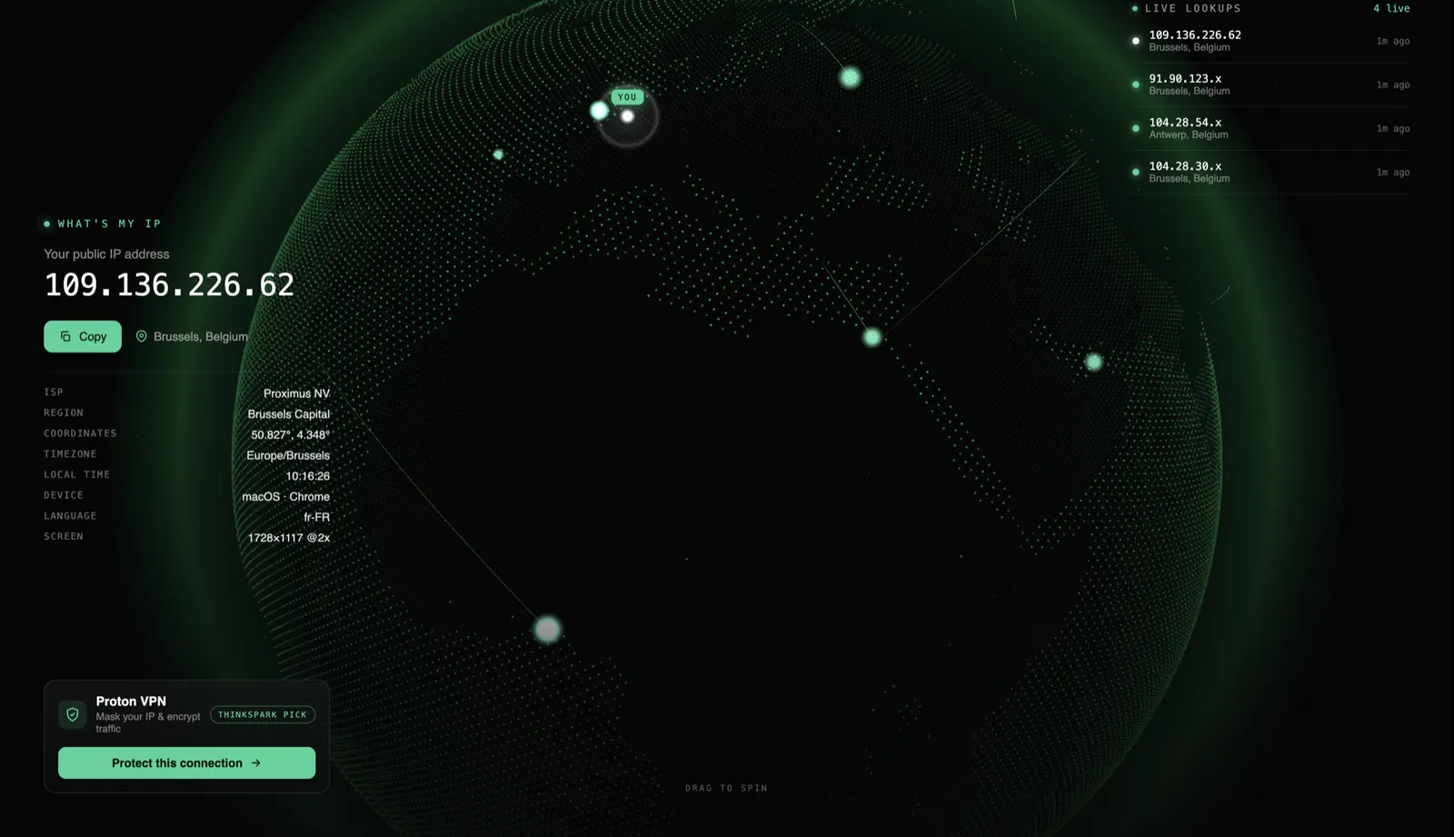 Global IP: public IP address, location, ISP and device details beside a WebGL globe of live lookups