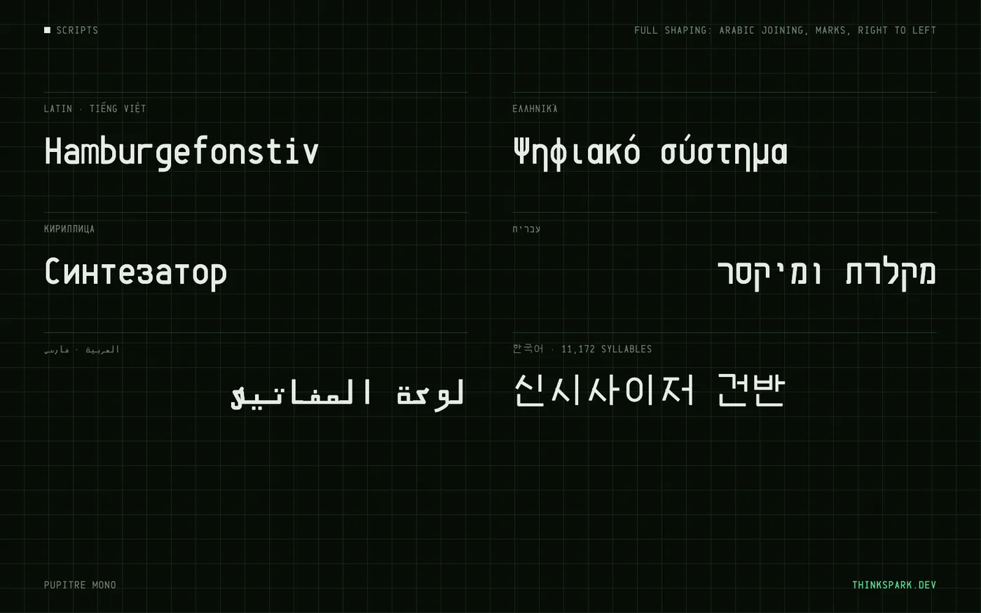 Pupitre Mono in six scripts: Latin, Greek, Cyrillic, Hebrew set right to left, joined Arabic and Hangul, light type on a dark grid