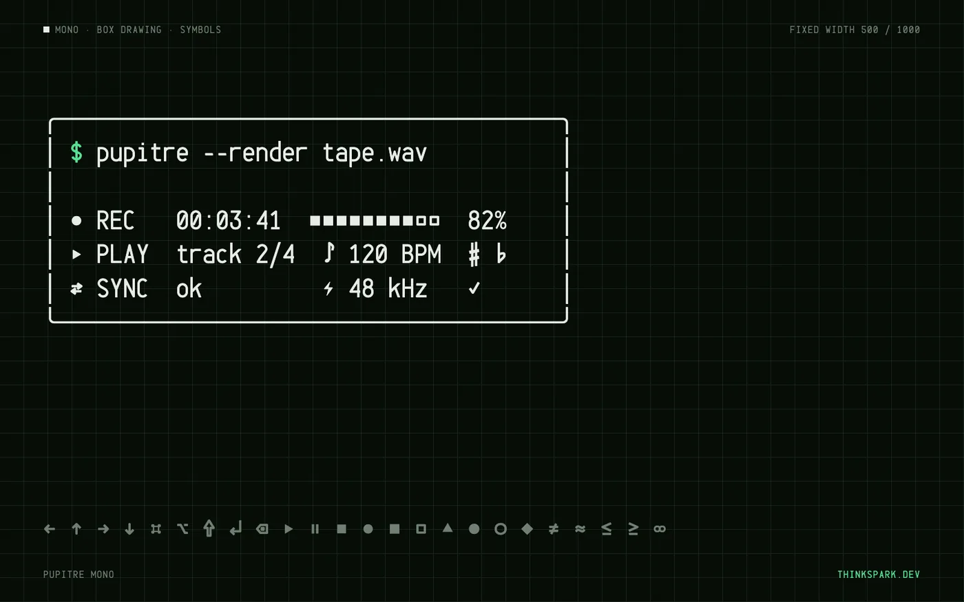Pupitre Mono in a terminal: a box-drawn panel with REC, PLAY and SYNC status lines, a progress bar, music and transport symbols, and a row of arrows and shapes