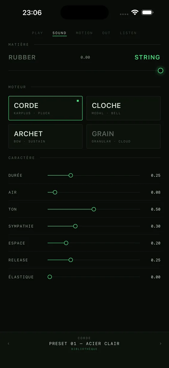 Rubberband Sound screen: rubber-to-string material, pluck, bell, bow and grain engines and character sliders