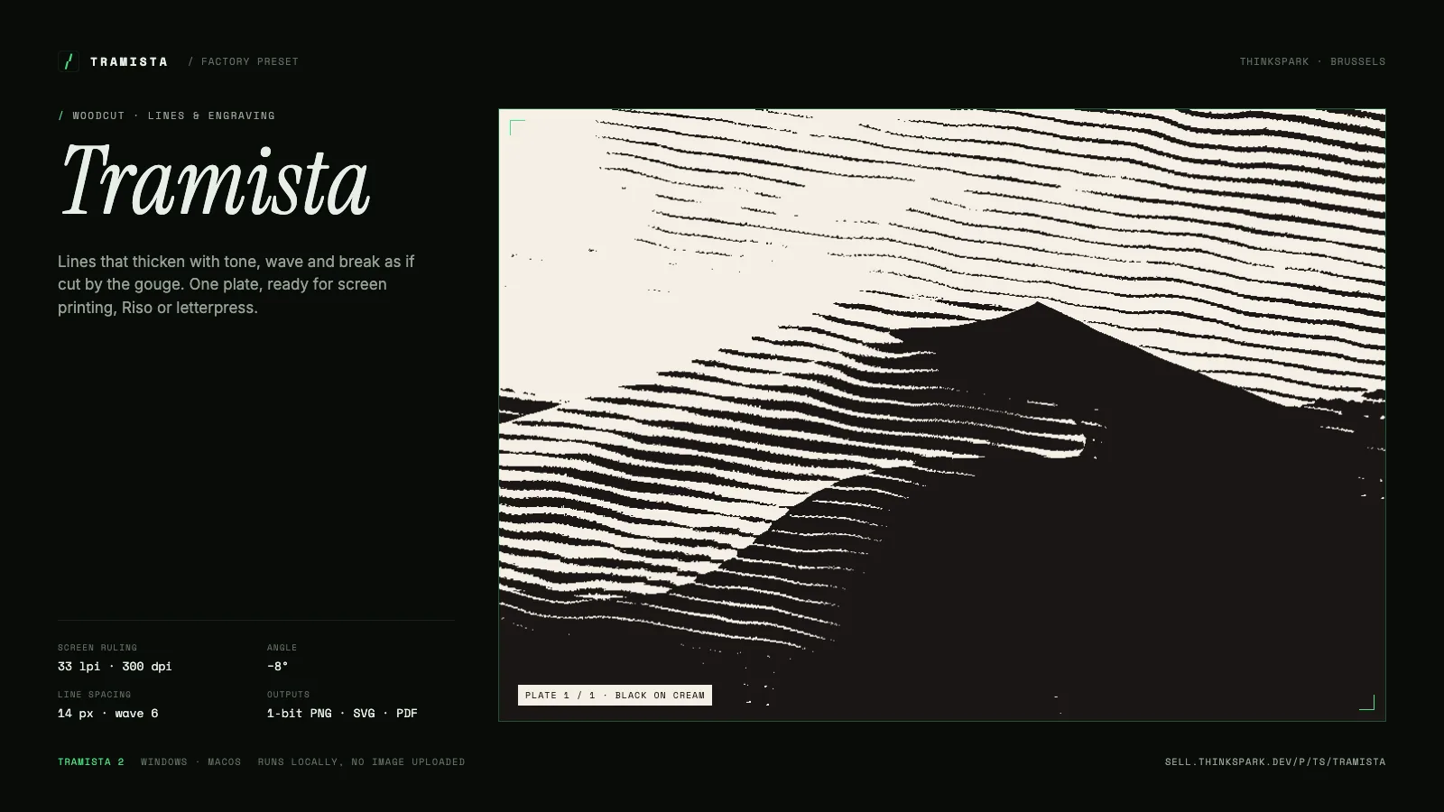 Tramista with the woodcut preset: engraved lines that thicken with tone across a mountain photograph, black ink on cream, settings for screen ruling, angle and outputs